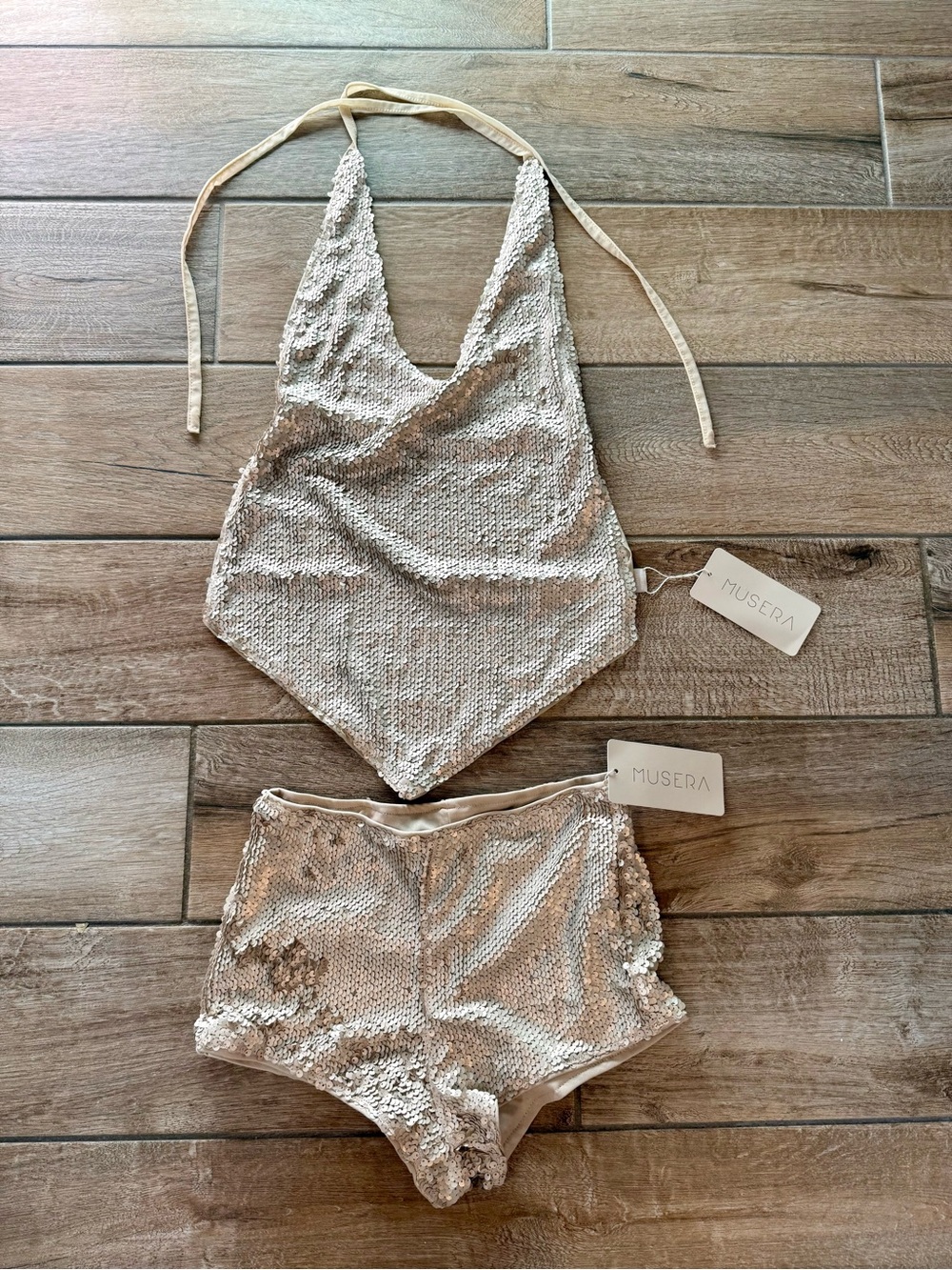 Muse Champagne Sequin Halter Top & Shorts Set